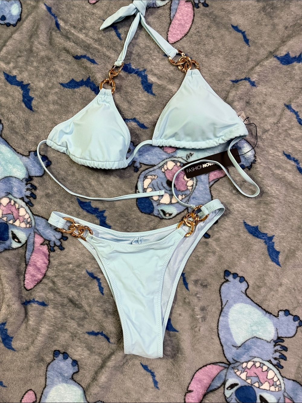 Fashion Nova Pale Blue Triangle Bikini with Gold Chain Accents